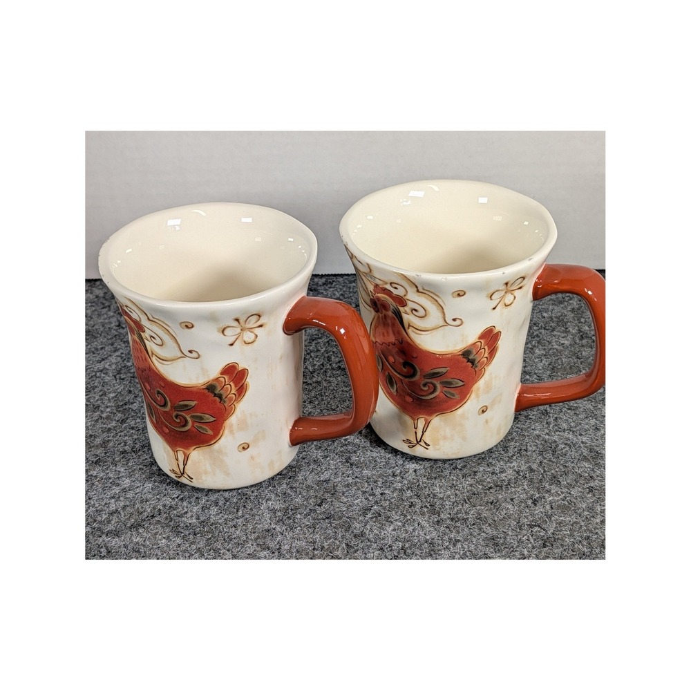 Pier 1 Imports Gallo Rooster Ironstone Coffee Mugs Set of 2 Red Cream 16oz